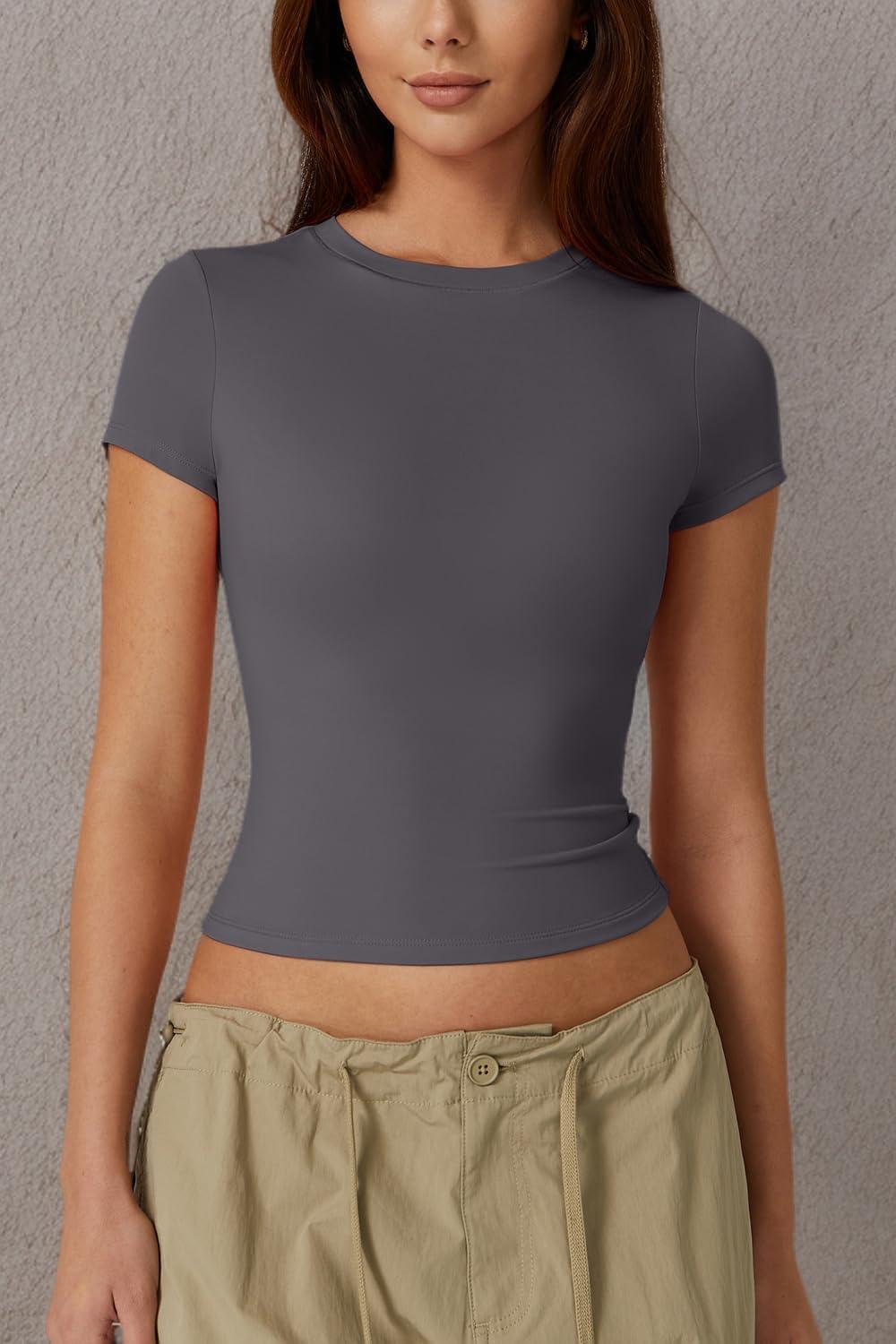 imageQINSEN Womens Crew Neck Short Sleeve DoubleLayer Tops Basic Slim Fit Going Out T ShirtDark Grey
