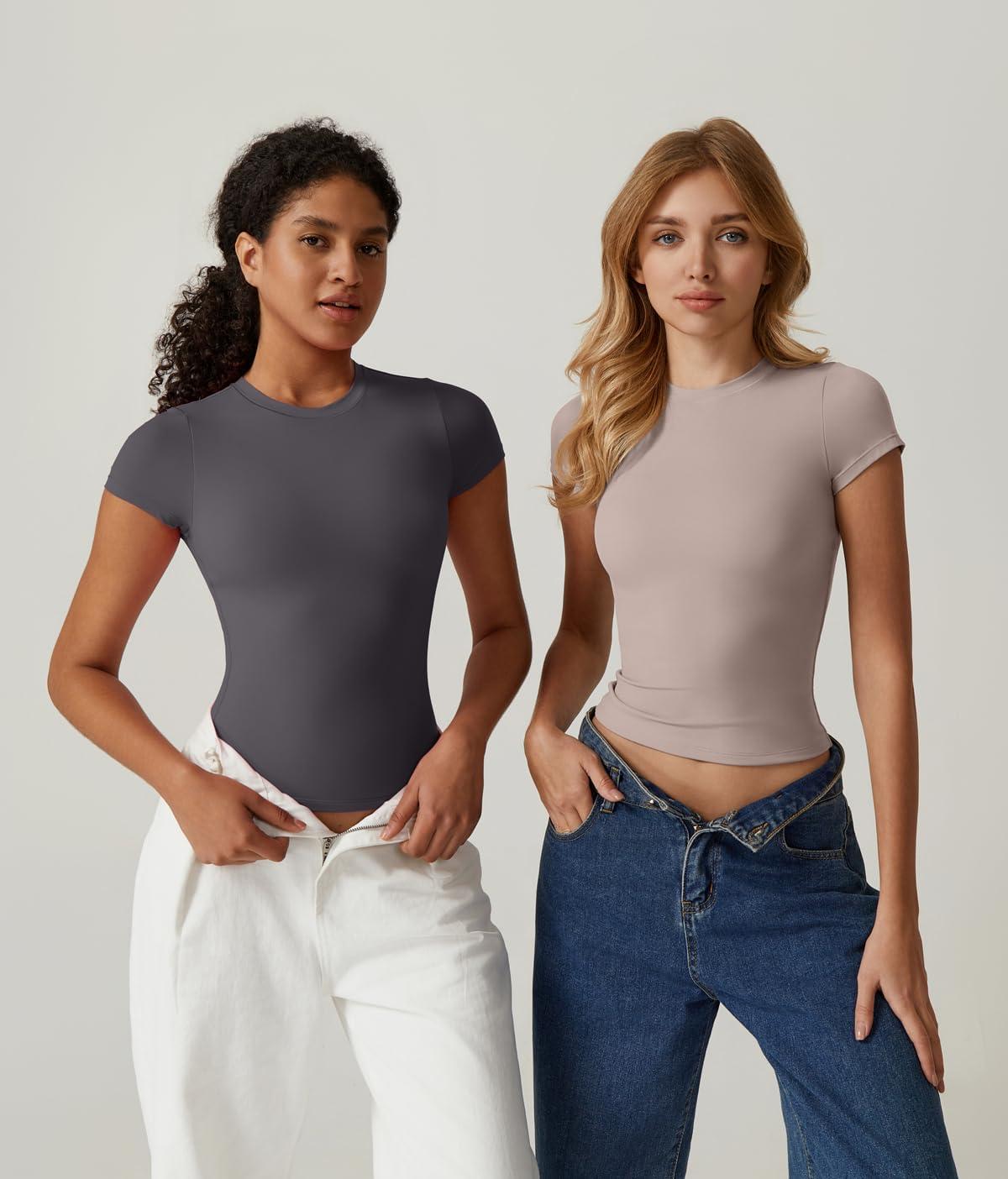 imageQINSEN Womens Crew Neck Short Sleeve DoubleLayer Tops Basic Slim Fit Going Out T ShirtDark Grey