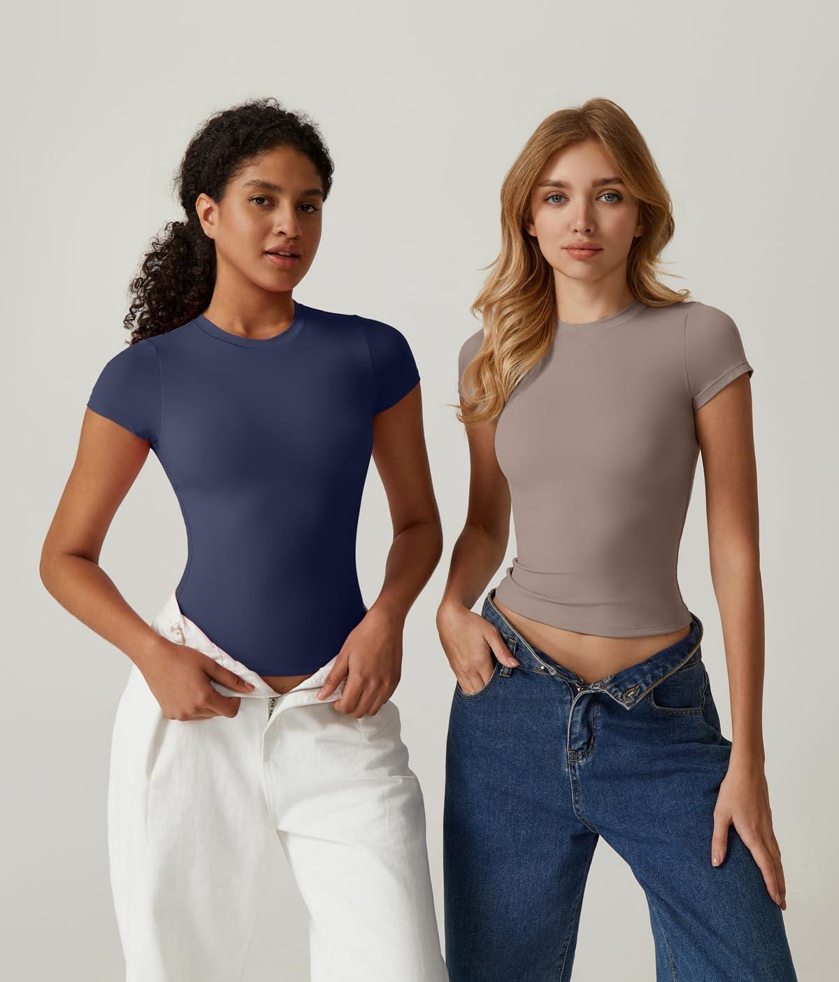 imageQINSEN Womens Crew Neck Short Sleeve DoubleLayer Tops Basic Slim Fit Going Out T ShirtNavy
