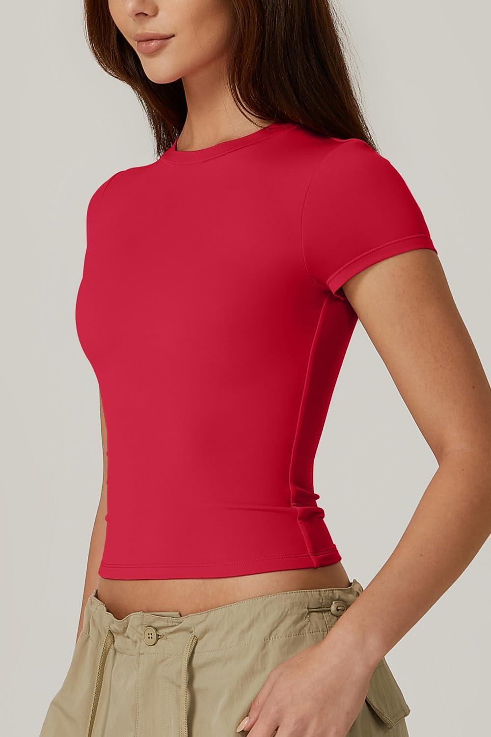 imageQINSEN Womens Crew Neck Short Sleeve DoubleLayer Tops Basic Slim Fit Going Out T ShirtRed