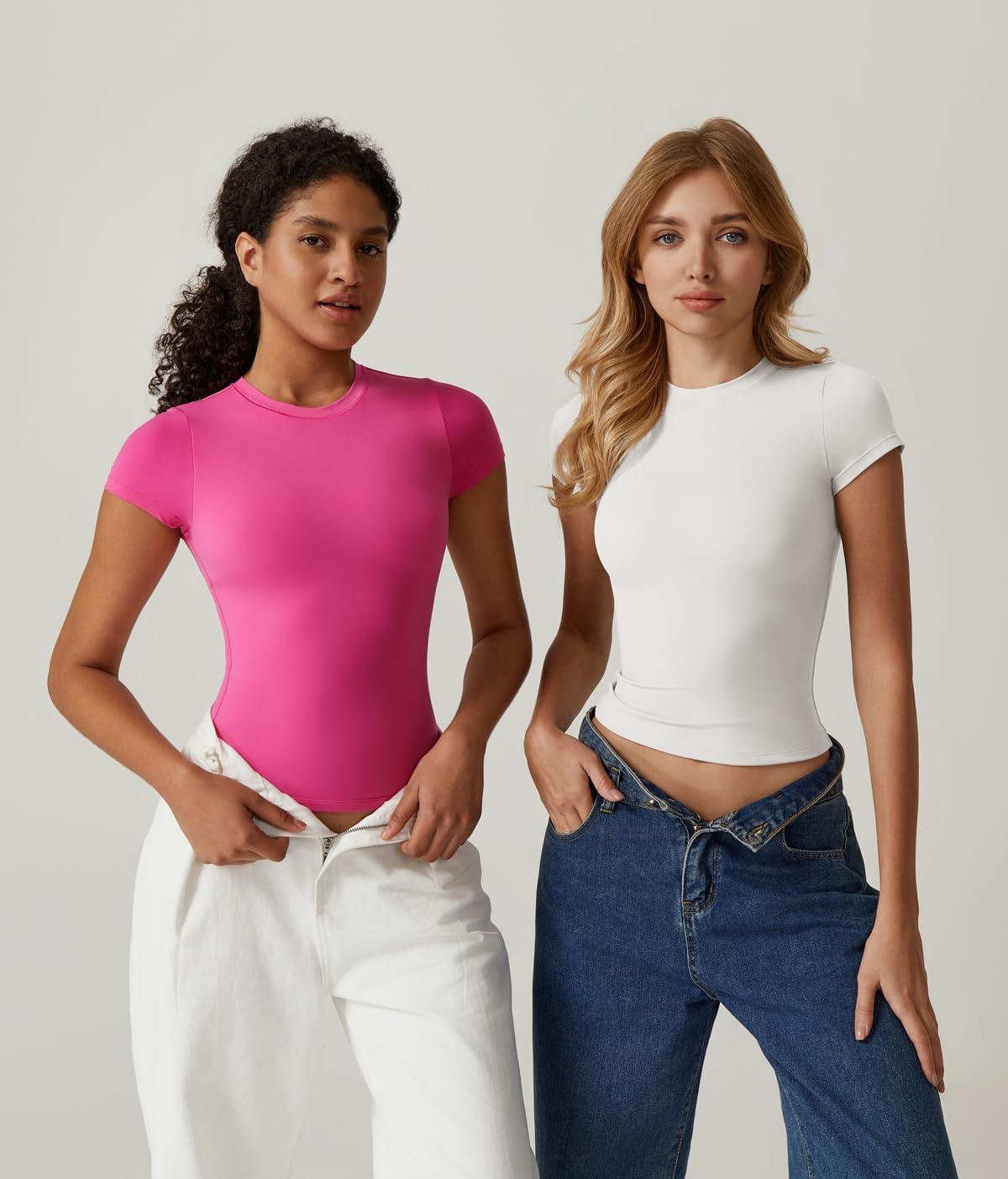 imageQINSEN Womens Crew Neck Short Sleeve DoubleLayer Tops Basic Slim Fit Going Out T ShirtSplashed White