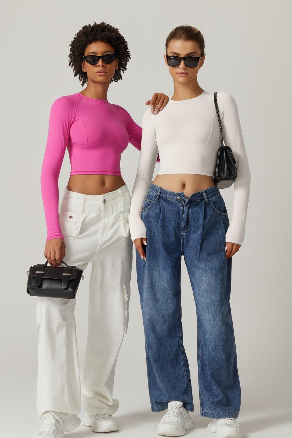 imageQINSEN Womens Crewneck Long Sleeve Shirts Double Lined Fitted Crop Top Seam Cup Going Out TopsBeigewhite