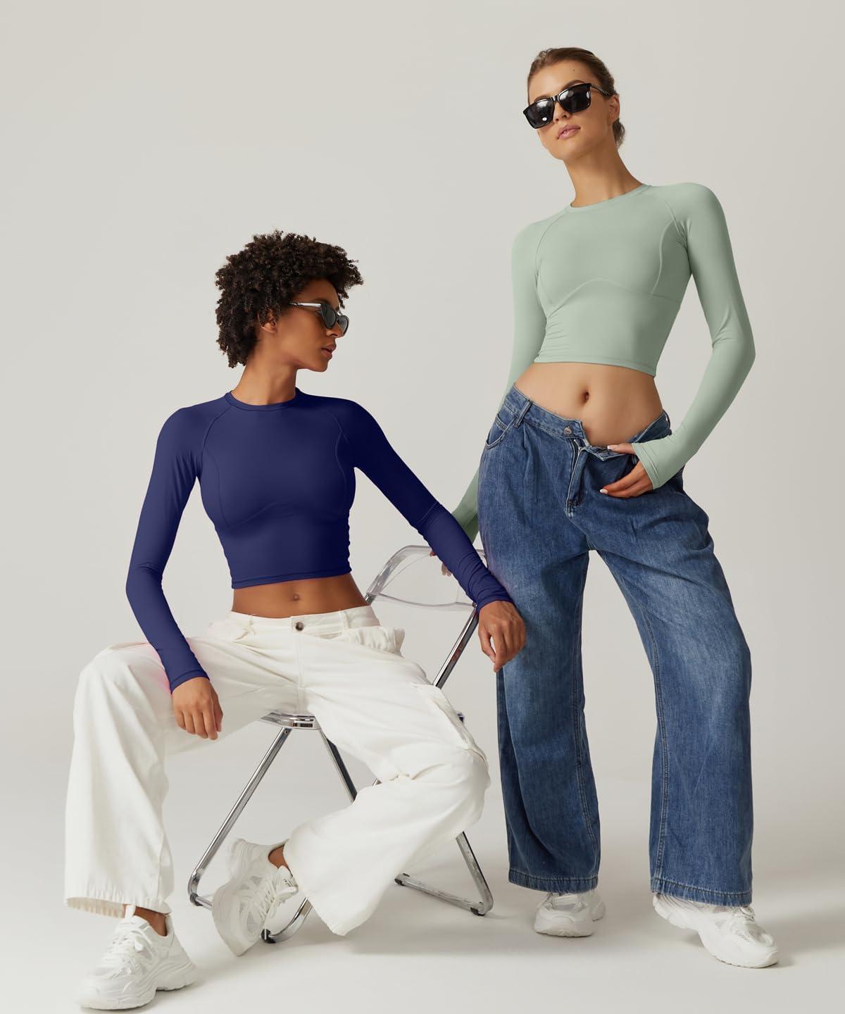 imageQINSEN Womens Crewneck Long Sleeve Shirts Double Lined Fitted Crop Top Seam Cup Going Out TopsSmoke Green