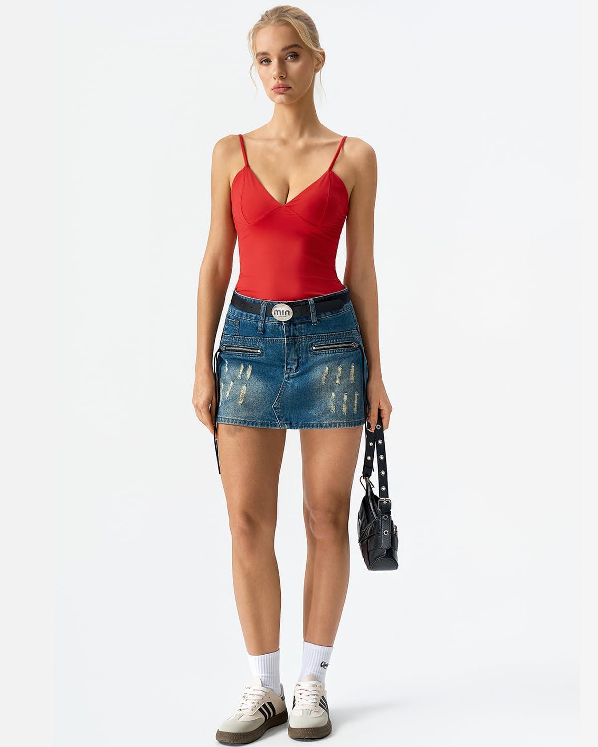 imageQINSEN Womens Double Lined Tank Tops V Neck Seamed Cup Adjustable Spaghetti Straps Bodycon Camisole ShirtsRed