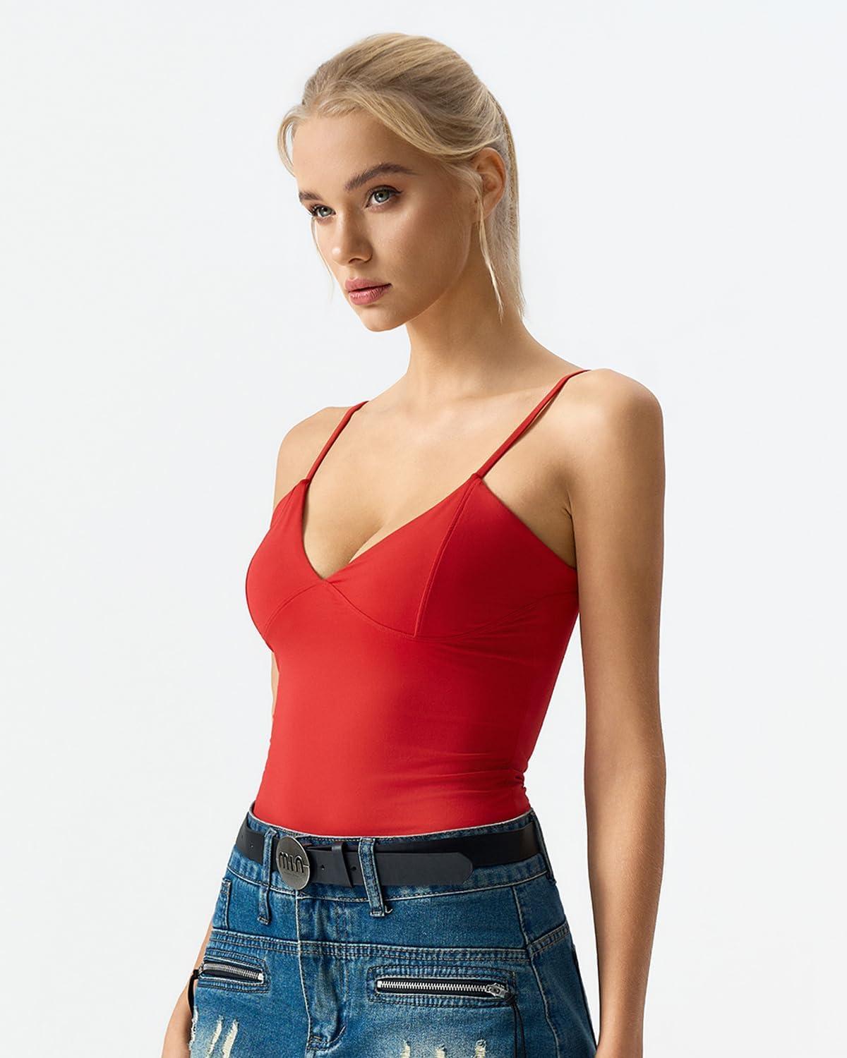 imageQINSEN Womens Double Lined Tank Tops V Neck Seamed Cup Adjustable Spaghetti Straps Bodycon Camisole ShirtsRed