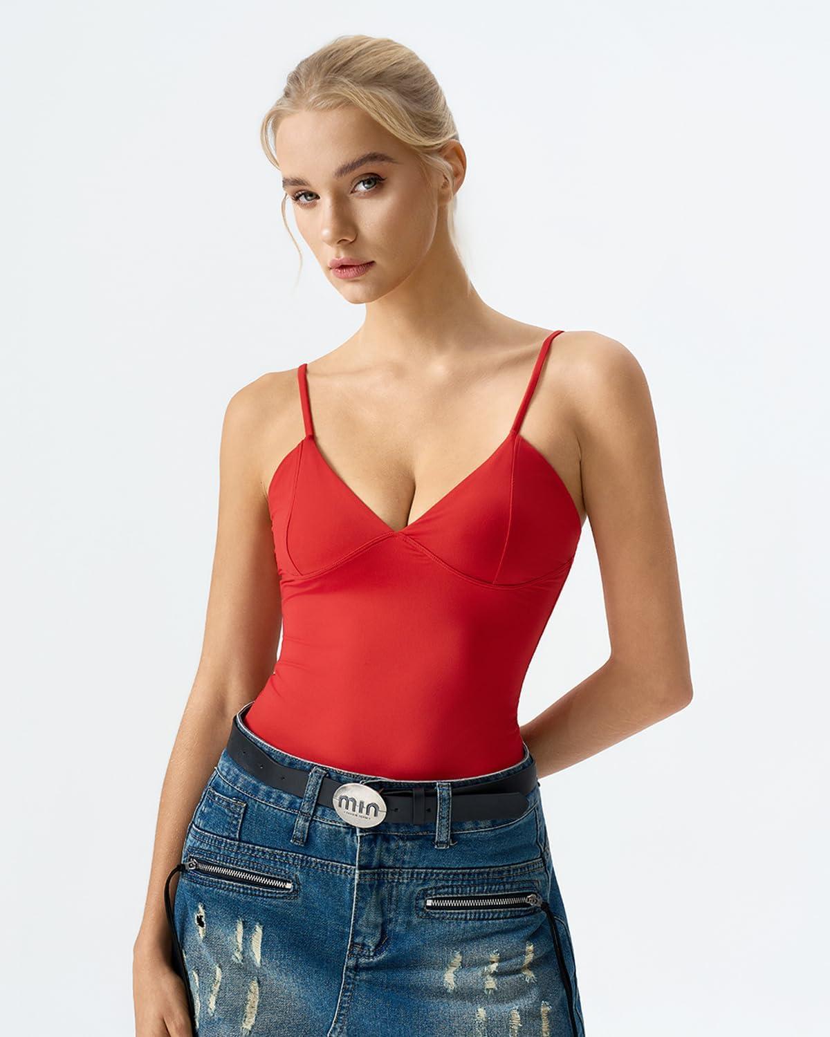imageQINSEN Womens Double Lined Tank Tops V Neck Seamed Cup Adjustable Spaghetti Straps Bodycon Camisole ShirtsRed