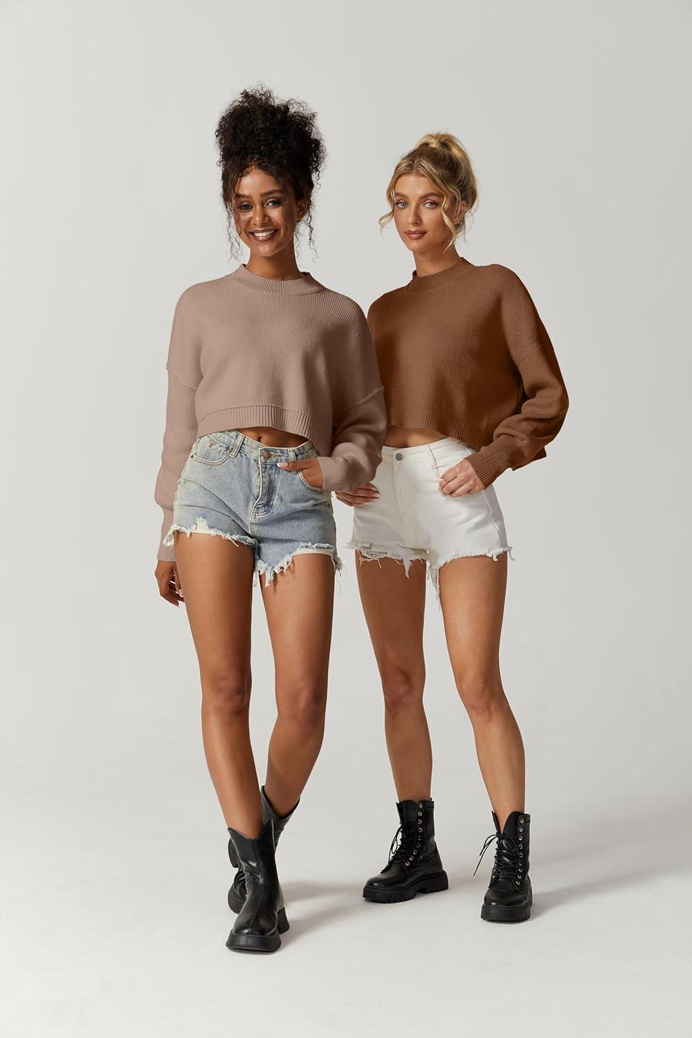 imageQINSEN Womens Mock Neck Cropped Sweater Long Sleeve Drop Shouler Oversized Knit Pullover TopsCaramel
