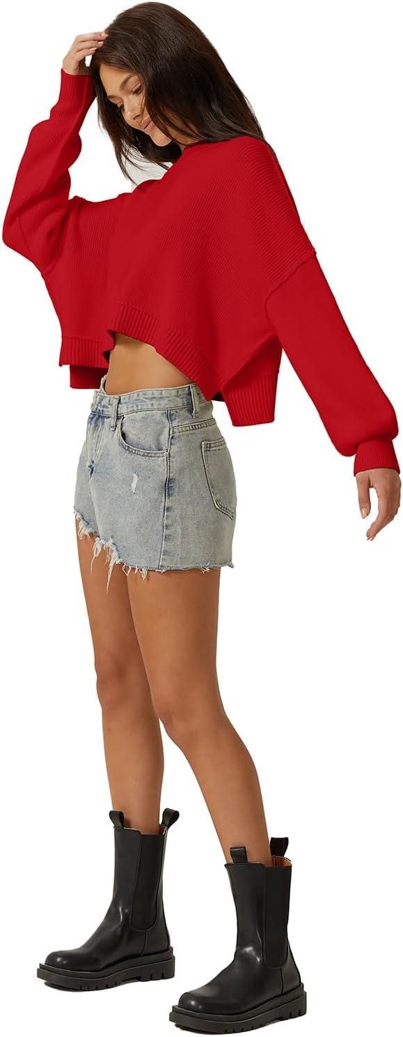 imageQINSEN Womens Mock Neck Cropped Sweater Long Sleeve Drop Shouler Oversized Knit Pullover TopsRed