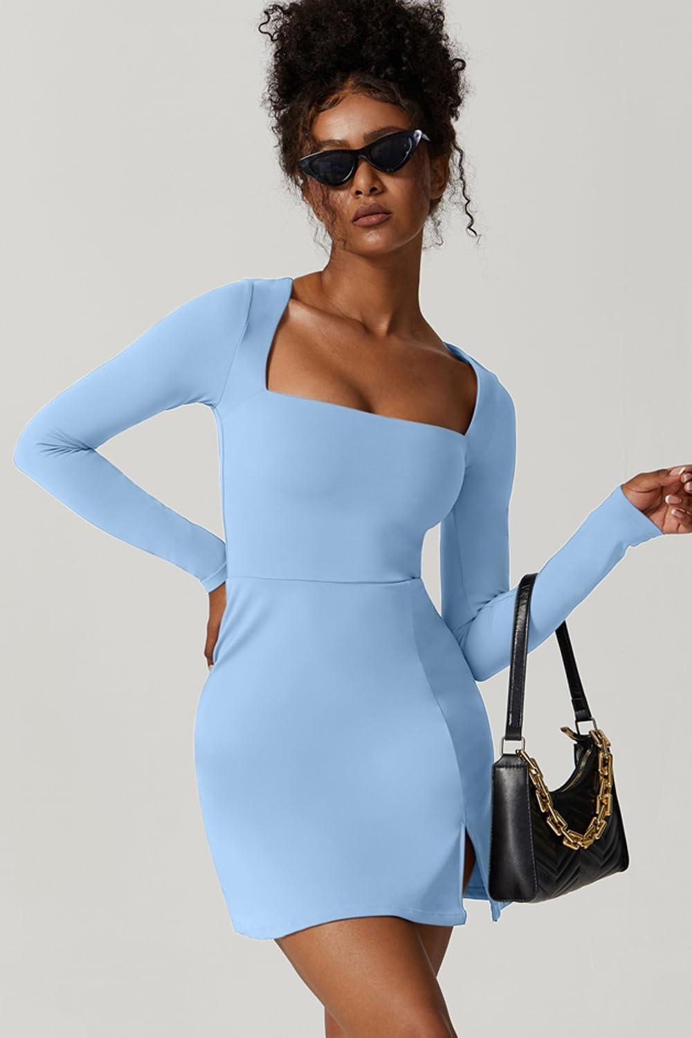 imageQINSEN Womens Square Neck Bodice Dress Long Sleeve Side Slit Flare Mini DressesAiry Blue