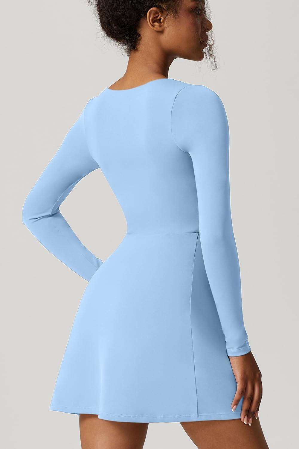 imageQINSEN Womens Square Neck Bodice Dress Long Sleeve Side Slit Flare Mini DressesAiry Blue