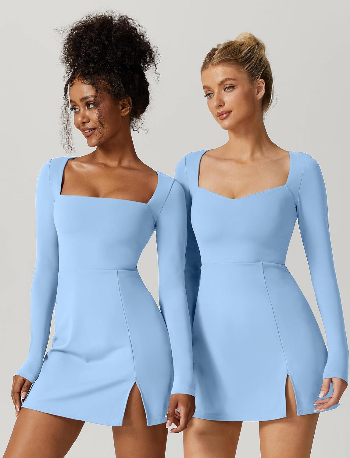 imageQINSEN Womens Square Neck Bodice Dress Long Sleeve Side Slit Flare Mini DressesAiry Blue