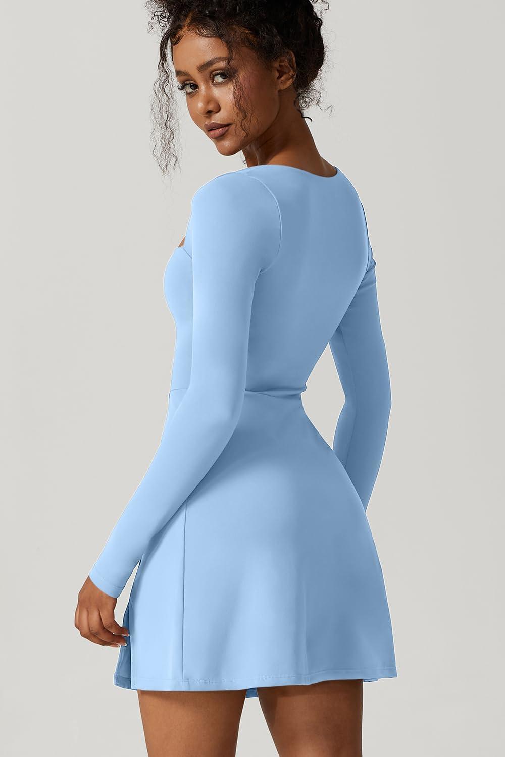 imageQINSEN Womens Square Neck Bodice Dress Long Sleeve Side Slit Flare Mini DressesAiry Blue