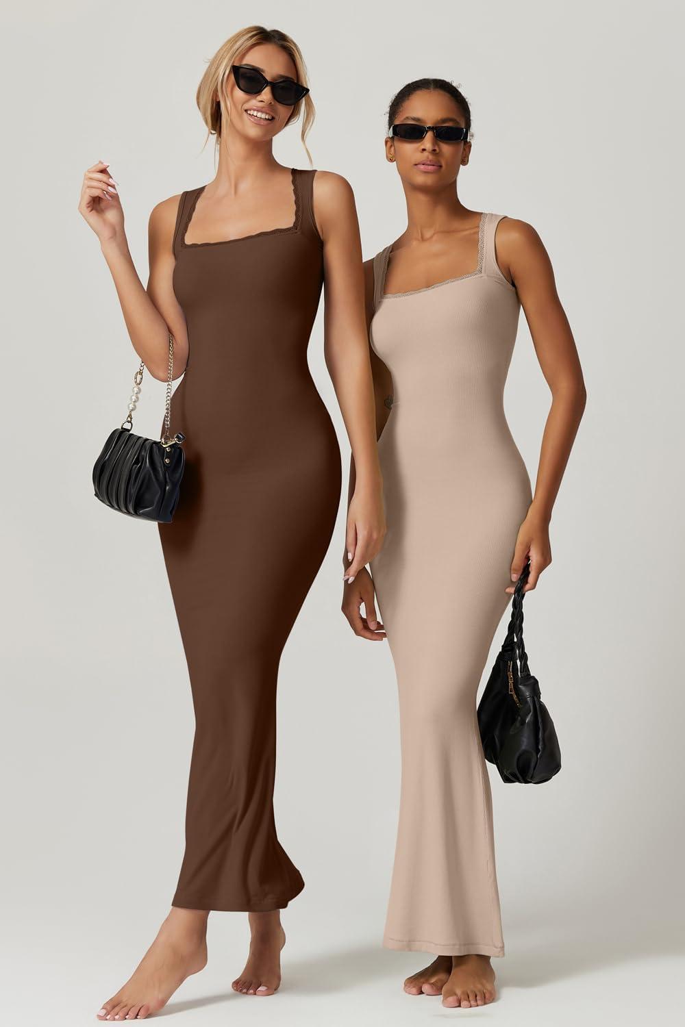 imageQINSEN Womens Square Neck with Lace Detail Long Maxi Dress Sleeveless Lounge Ribbed Full Length DressesKhaki