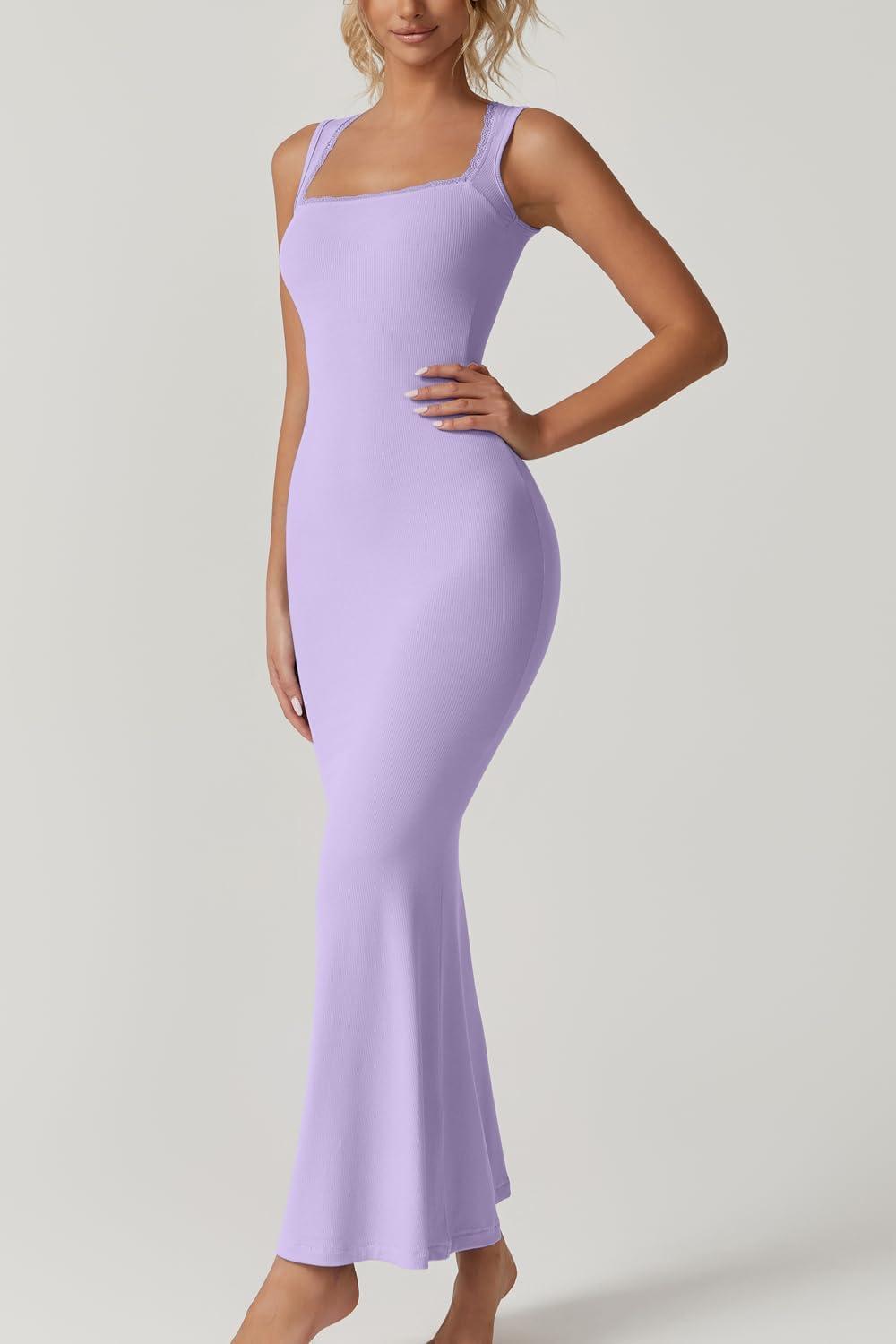 imageQINSEN Womens Square Neck with Lace Detail Long Maxi Dress Sleeveless Lounge Ribbed Full Length DressesPurole