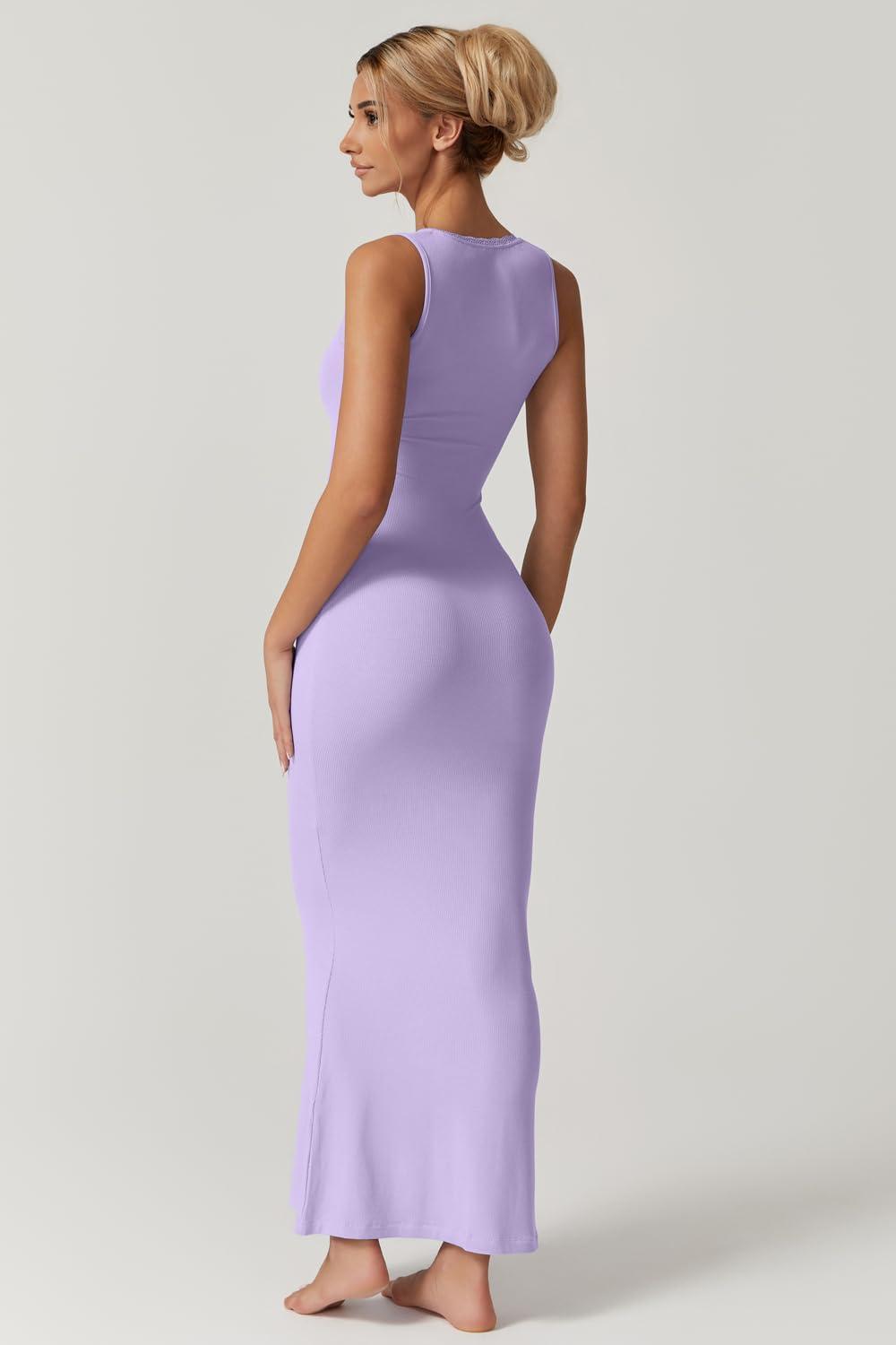 imageQINSEN Womens Square Neck with Lace Detail Long Maxi Dress Sleeveless Lounge Ribbed Full Length DressesPurole