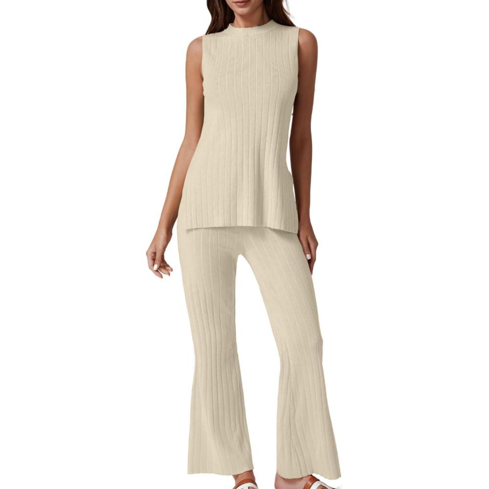 imageQINSEN Lounge Sets for Women Two Piece Outfits Knit Sleeveless Vented Hemline Tops Wide Leg Pants Sweater SetsBeige