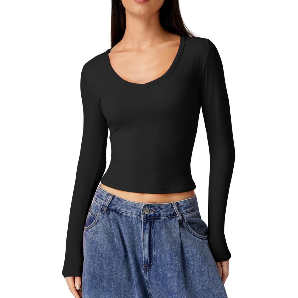 imageQINSEN Women Double Lined Fitted Basic T Shirts V Neck Long Sleeve Crop TopBlack