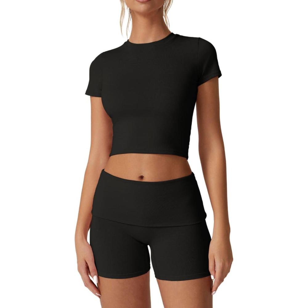 imageQINSEN Womens 2 Piece Outfits Lounge Sets Slim Fitted Short Sleeve Crop Tops Fold Over Shorts Casual Comfy TrasuitsBlack