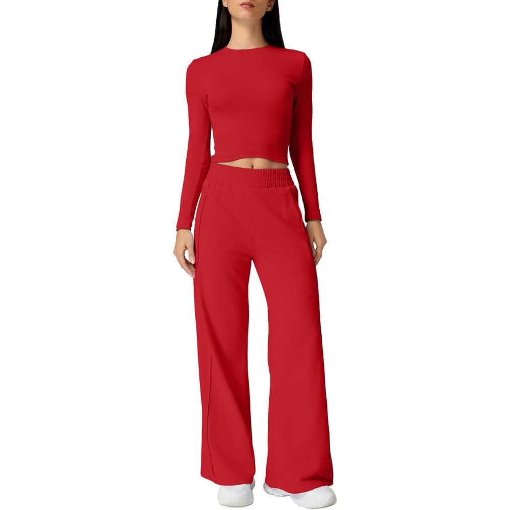 imageQINSEN Womens 2 Piece Sets Long Sleeve Slim Fit Crop Tops Wide Leg Pants Matching Lounge SetRed