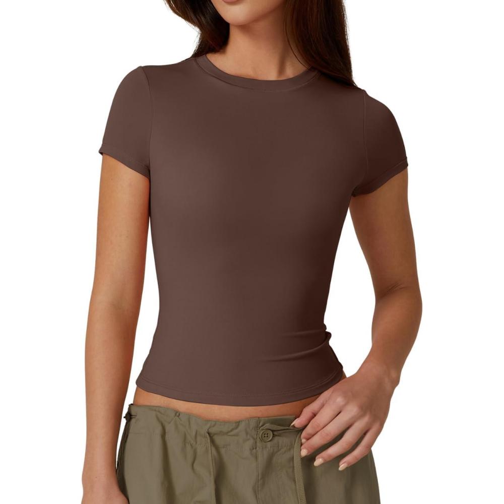 imageQINSEN Womens Crew Neck Short Sleeve DoubleLayer Tops Basic Slim Fit Going Out T ShirtBrown