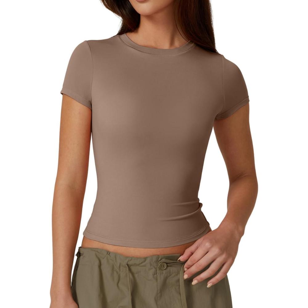 imageQINSEN Womens Crew Neck Short Sleeve DoubleLayer Tops Basic Slim Fit Going Out T ShirtCoffee