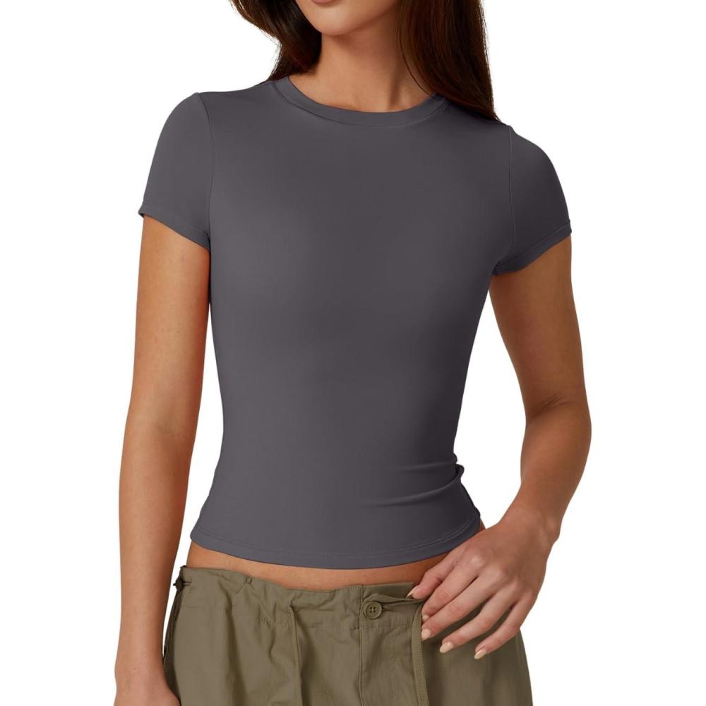 imageQINSEN Womens Crew Neck Short Sleeve DoubleLayer Tops Basic Slim Fit Going Out T ShirtDark Grey