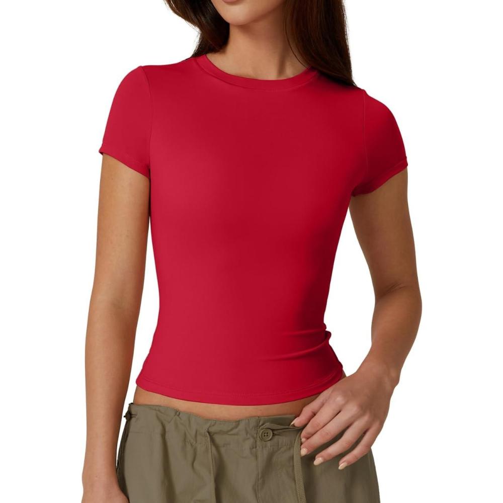 imageQINSEN Womens Crew Neck Short Sleeve DoubleLayer Tops Basic Slim Fit Going Out T ShirtRed