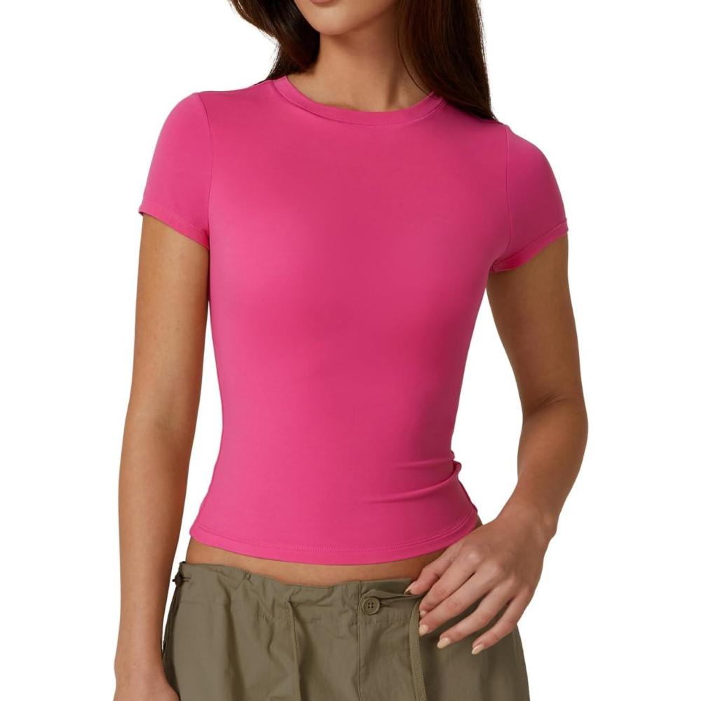 imageQINSEN Womens Crew Neck Short Sleeve DoubleLayer Tops Basic Slim Fit Going Out T ShirtRosy