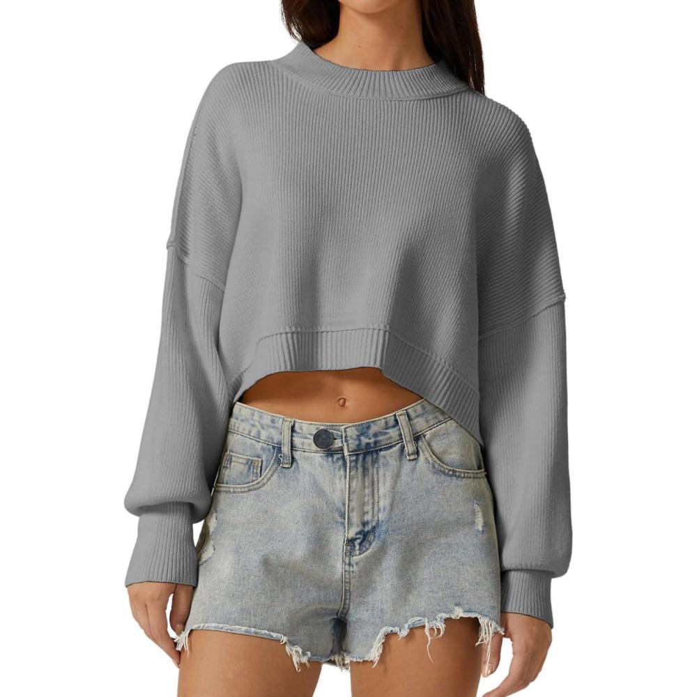 imageQINSEN Womens Mock Neck Cropped Sweater Long Sleeve Drop Shouler Oversized Knit Pullover TopsSmoke Blue