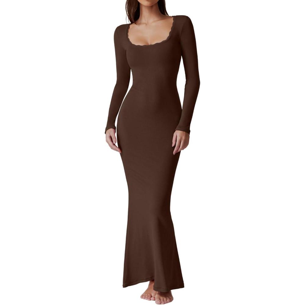 imageQINSEN Womens Ribbed Knit Long Sleeve Scoop Neck Maxi Dress with Lace Details Bodycon DressChestnut