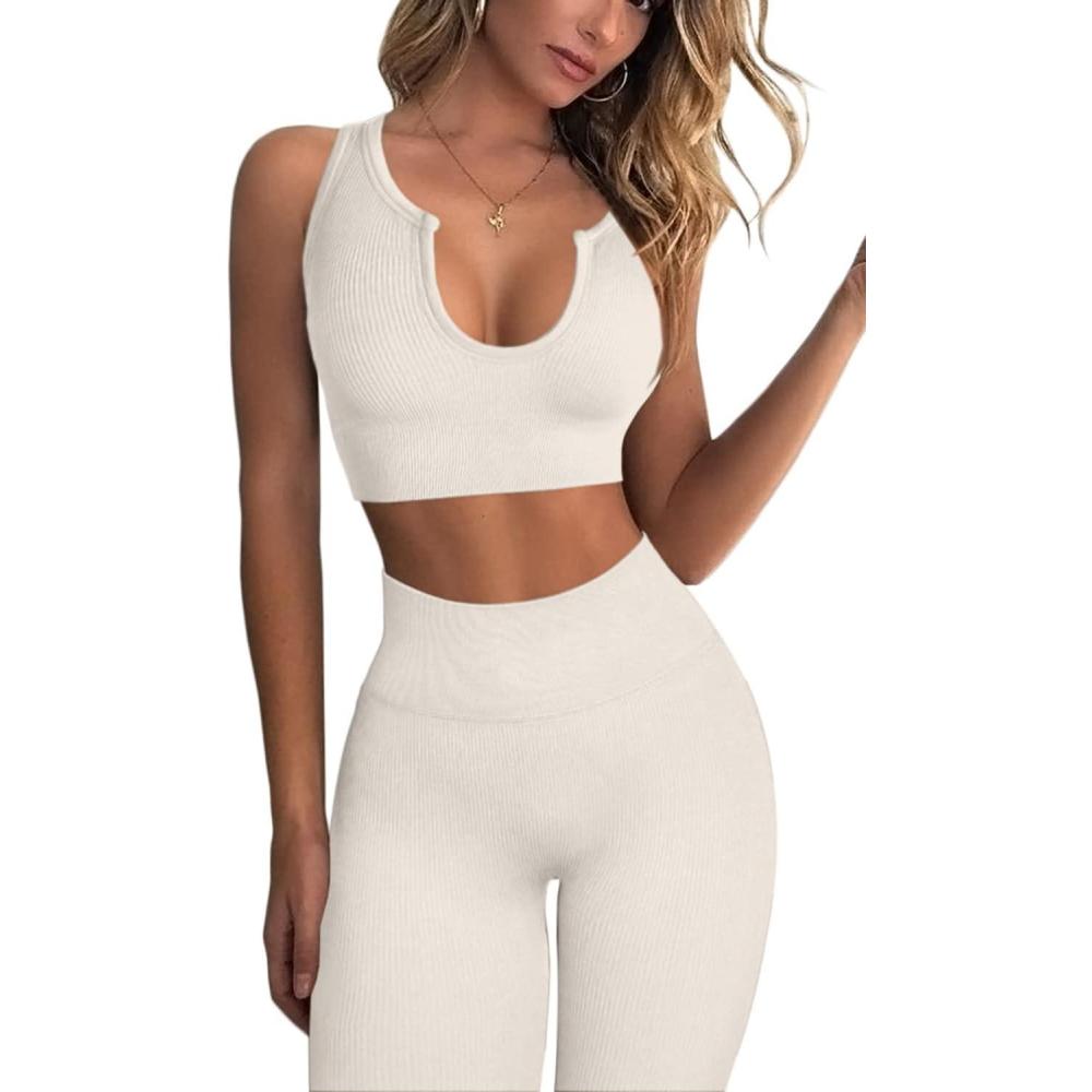 imageQINSEN Womens Yoga Leggings 2 Piece Outfits Running Crop Top Seamless High Waist Leggings Beige M
