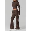 QINSEN Womens 2 Piece Lounge Sets Mock Neck Long Sleeve Tops with Side Ruched Fold Over Flare Pants Comfy Tracksuits(Brown)