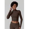 QINSEN Womens 2 Piece Lounge Sets Mock Neck Long Sleeve Tops with Side Ruched Fold Over Flare Pants Comfy Tracksuits(Brown)
