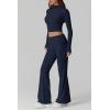 QINSEN Womens 2 Piece Lounge Sets Mock Neck Long Sleeve Tops with Side Ruched Fold Over Flare Pants Comfy Tracksuits(Navy Blue)