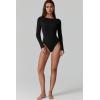 QINSEN Womens Crew Neck Long Sleeve Bodysuit Double Lined Body Suits Basic T-Shirt Tops(Black)