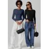 QINSEN Womens Crew Neck Long Sleeve Bodysuit Double Lined Body Suits Basic T-Shirt Tops(Navy)