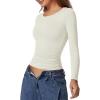 QINSEN Womens Crewneck Long Sleeve Shirt Double Lined Basic Tees Side Ruched Going Out Crop Tops(Beige)