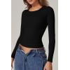 QINSEN Womens Crewneck Long Sleeve Shirt Double Lined Basic Tees Side Ruched Going Out Crop Tops(Black)