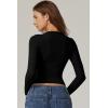 QINSEN Womens Crewneck Long Sleeve Shirt Double Lined Basic Tees Side Ruched Going Out Crop Tops(Black)