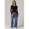 QINSEN Womens Crewneck Long Sleeve Shirt Double Lined Basic Tees Side Ruched Going Out Crop Tops(Black)