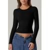 QINSEN Womens Crewneck Long Sleeve Shirt Double Lined Basic Tees Side Ruched Going Out Crop Tops(Black)
