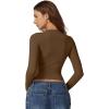 QINSEN Womens Crewneck Long Sleeve Shirt Double Lined Basic Tees Side Ruched Going Out Crop Tops(Brown)