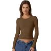 QINSEN Womens Crewneck Long Sleeve Shirt Double Lined Basic Tees Side Ruched Going Out Crop Tops(Brown)