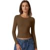 QINSEN Womens Crewneck Long Sleeve Shirt Double Lined Basic Tees Side Ruched Going Out Crop Tops(Brown)