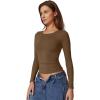 QINSEN Womens Crewneck Long Sleeve Shirt Double Lined Basic Tees Side Ruched Going Out Crop Tops(Brown)
