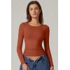 QINSEN Womens Crewneck Long Sleeve Shirt Double Lined Basic Tees Side Ruched Going Out Crop Tops(Cherry Tomato)