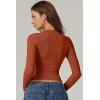 QINSEN Womens Crewneck Long Sleeve Shirt Double Lined Basic Tees Side Ruched Going Out Crop Tops(Cherry Tomato)