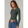 QINSEN Womens Crewneck Long Sleeve Shirt Double Lined Basic Tees Side Ruched Going Out Crop Tops(Dark Green)