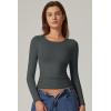 QINSEN Womens Crewneck Long Sleeve Shirt Double Lined Basic Tees Side Ruched Going Out Crop Tops(Dark Green)