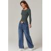 QINSEN Womens Crewneck Long Sleeve Shirt Double Lined Basic Tees Side Ruched Going Out Crop Tops(Dark Green)